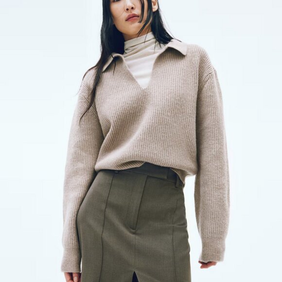 H&M Rib Knit Collared Sweater Long Sleeve Cropped Cream Size Small New With Tags - Picture 15 of 17